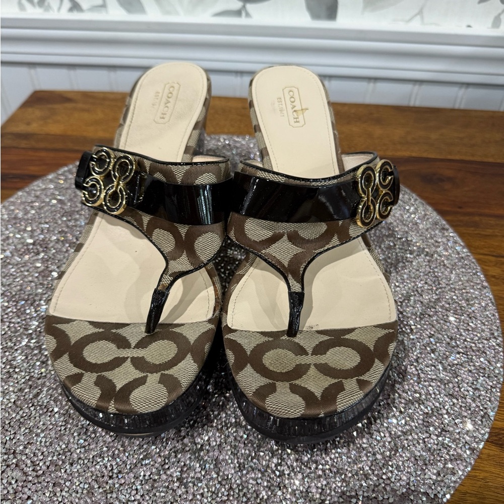 Coach Brown Patten and Cream Wedge Heel w/Signature Monogram Pattern. Size 9 1/2